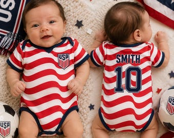 Spersonalizowany strój dla dziecka z USA, body niemowlęce z imieniem i numerem, amerykański kombinezon dla niemowląt, prezent na baby shower