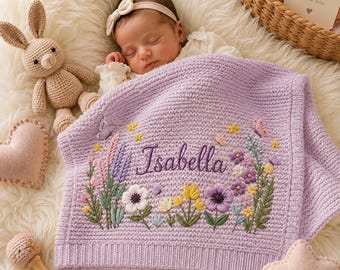 Personalized Floral Baby Name Blanket, Custom Name Embroidered Knit Newborn Blanket, Welcome Baby Nursery Keepsake Gift