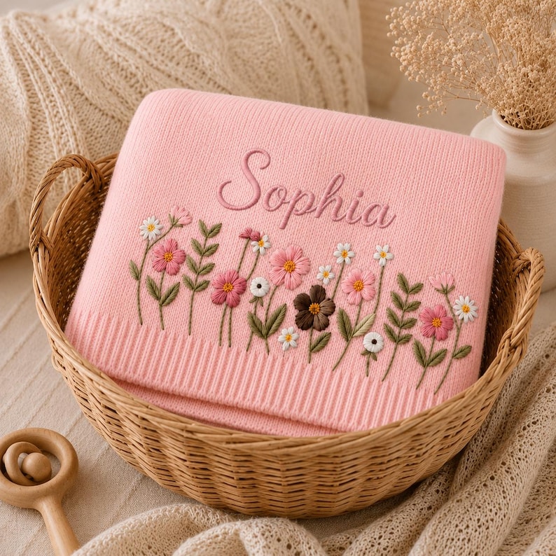 May include: A pink knitted blanket with the name "Sophia" embroidered in cursive script. The blanket features a floral embroidery design with pink, white, and brown flowers and green leaves. The blanket is folded in a wicker basket.