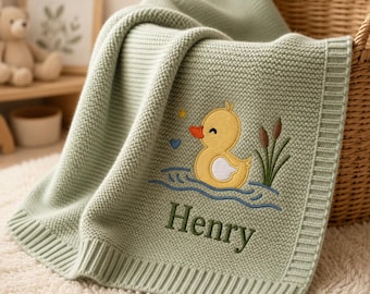 Manta personalizada para bebê com patinho, manta de tricô azul com nome bordado à mão, lembrança para o quarto do bebê, presente para recém-nascido.