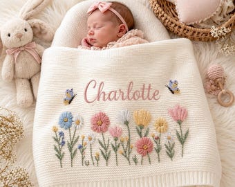 Personalized Floral Baby Name Blanket, Custom Embroidered Flower Knit Newborn Blanket, Nursery Keepsake Gift