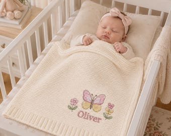 Personalized Butterfly Floral Baby Blanket, Custom Name Embroidered Newborn Blanket, Nursery Keepsake Baby Shower Gift