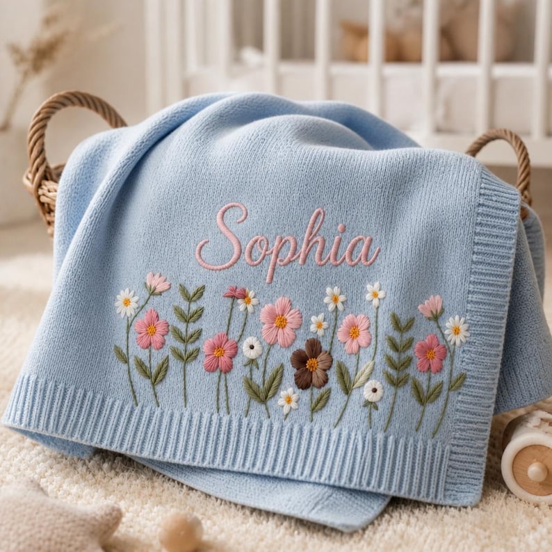 May include: A light blue baby blanket with embroidered flowers in pink, white, and brown. The name "Sophia" is embroidered in pink script. The blanket is folded in a wicker basket.