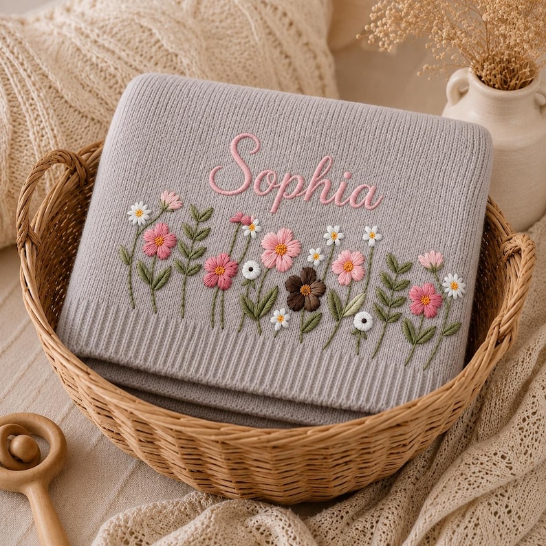 May include: A gray baby blanket embroidered with the name "Sophia" in pink script. The blanket features a floral design with pink, white, and brown flowers, and green leaves. The blanket is folded in a wicker basket.