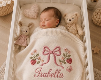 Könnte beinhalten: Ein schlafendes Baby in einem weißen Kinderbett, gebettet unter einer cremefarbenen Decke, bestickt mit einer rosa Schleife, Blumen, Erdbeeren und dem Namen "Isabella". Das Kinderbett ist mit einem herzförmigen Kissen, einem Teddybär und einem Häschen aus Häkelarbeit geschmückt.