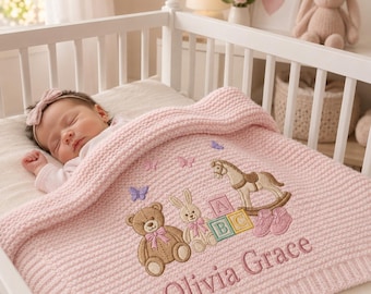 Personalisierte Baby Name Decke, Individuell bestickte Strick Neugeborene Decke, Willkommen Baby Kinderzimmer Andenken Geschenk