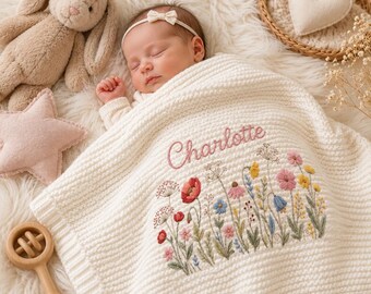 Personalized Wildflower Baby Blanket, Custom Name Embroidered Floral Knit Newborn Blanket, Girl Nursery Baby Shower Gift