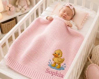 Personalized Duck Baby Blanket, Custom Name Embroidered Soft Cotton Knit Newborn Blanket, Animal Baby Shower Gift
