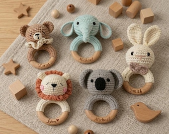 Personalized Crochet Animal Baby Rattle, Custom Name Newborn Rattle, Montessori Wood Toy, Engraved Animal, Baby Shower Gift