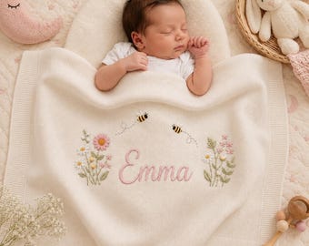 Custom Floral Baby Blanket, Personalized Baby Name Knit Blanket, Bee Flower Nursery Blanket, Welcome Baby Keepsake Newborn Gift