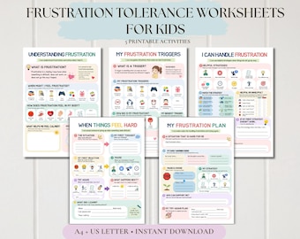 Puede incluir: Cinco hojas de trabajo imprimibles tituladas Frustration Tolerance Worksheets for Kids, con iconos coloridos, indicaciones de texto y secciones para escribir. Las páginas incluyen Understanding Frustration, My Frustration Triggers, I Can Handle Frustration, When Things Feel Hard y My Frustration Plan.
