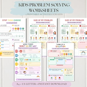 May include: Five printable kids problem solving worksheets featuring colorful text and graphics. The pages include titles like Kids Problem Solving Worksheets, Stop Think Choose, Size of My Problem, When Things Don't Go My Way, and Think of a Solution.