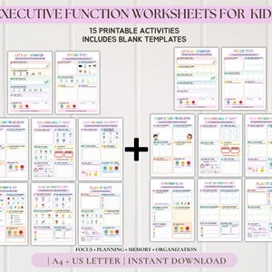 May include: Executive function worksheets for kids featuring 15 printable activities and blank templates. The set includes pages titled Let's Get Started, Focus Time, I Can Solve Problems, How Long Will It Take, What Should I Do First, Remember & Do, What Works For Me, and Plan It Out. A4 and US Letter sizes.