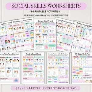 May include: A set of nine printable social skills worksheets featuring activities on friendship, conversation, and problem-solving. The pages include colorful icons, text prompts, and structured sections for writing, labeled A4 and US Letter size.