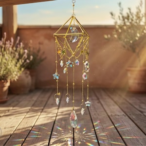 Op de afbeelding: Een gouden geometrische zonnevanger met hangende kristallen, sterren en een maan. De zonnevanger hangt aan een ketting en werpt regenbooglichtpatronen. De achtergrond toont potplanten en een houten dek.
