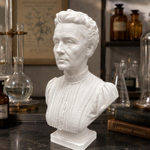 Könnte beinhalten: Eine weiße Büste von Marie Curie mit detaillierten Gesichtszügen, einer hochgeschlossenen Bluse mit vertikalen Falten und aufwendiger Spitzenverzierung. Die Figur ist bis zur Brust dargestellt und zeigt einen realistischen Ausdruck und Kleidung.