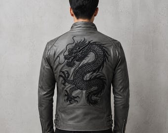 Mens Grey Leather Jacket Black Dragon Embroidered Stand Collar Biker Coat