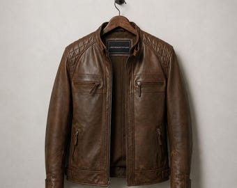 Men’s Brown Cafe Racer Leather Jacket Vintage Slim Fit Biker