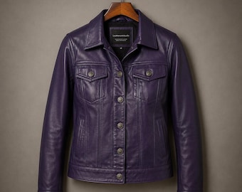 Womens Purple Leather Jacket, Handmade Genuine Lambskin Trucker Coat