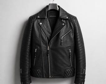 Black Leather Hooded Motorcycle Jacket Slim Fit Biker Bomber Genuine Cowhide Riding Coat