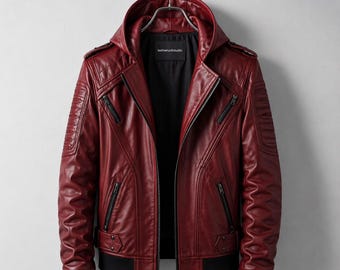 Red Leather Hooded Motorcycle Jacket Slim Fit Biker Bomber Genuine Cowhide Riding Coat