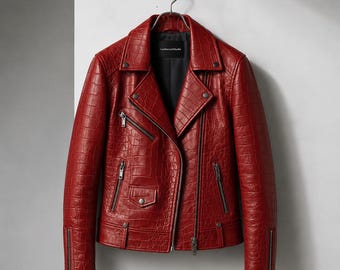 Womens Crocodile Leather Jacket Red Genuine Croc Embossed Biker Coat
