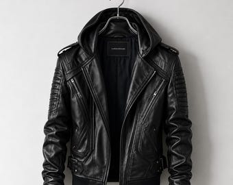 Black Leather Hooded Motorcycle Jacket Slim Fit Biker Bomber Genuine Cowhide - Riding Coat