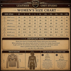 May include: A brown informational size chart for jackets by Leather Unit Studio. It includes a table with measurements in inches for chest, waist, hip, length, shoulder, sleeve, and wrist across sizes XS to 6XL, plus instructions on how to measure.