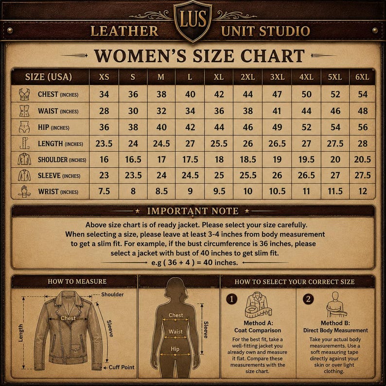 May include: A brown informational size chart for jackets by Leather Unit Studio. It includes a table with measurements in inches for chest, waist, hip, length, shoulder, sleeve, and wrist across sizes XS to 6XL, plus instructions on how to measure.
