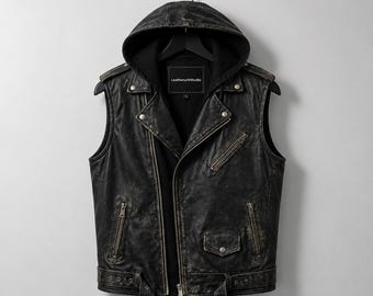 Men’s Black Leather Hooded Vest, Sleeveless Biker Motorcycle Hoodie