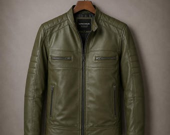 Handcrafted Green Leather Cafe Racer Jacket, Men Slim Fit Biker Coat