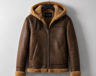 Women’s Brown Shearling Leather Jacket Hooded, Aviator B3 Bomber Coat