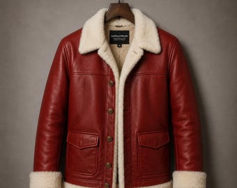 Mens Red Leather Shearling Coat, Genuine Leather Christmas Santa Jacket