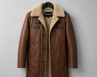 Mens Distressed Brown Leather Shearling Coat, Vintage B3 Winter Trench