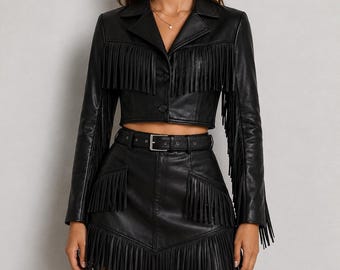 Ensemble veste et jupe en cuir noir à franges, ensemble western cow-girl à pampilles, tenue de festival