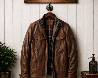 Men's Lambskin Leather Jacket - Vintage Casual Moto Workwear Distressed Style - Retro Motorcycle Biker Outerwear