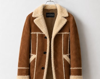Men's Brown Suede Shearling Coat, Western Style Sheepskin Trench Jacket, 90s Winter Overcoat