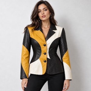 Women's Colorblock Leather Blazer, Genuine Leather Black White Yellow Patchwork Jacket, Tailored Button Front, Fall Holiday Outfit
