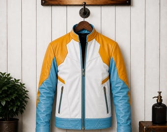Handmade Blue White Faux Leather Racing Jacket - Moto Streetwear Biker Coat