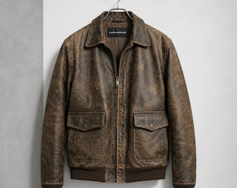 Men's Brown Leather Jacket, Distressed Bomber Vintage Style Aviator Pilot Moto Coat