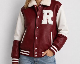 Custom Pink Cowhide Varsity Jacket, Faux Fur Collar Letterman Bomber, Personalized Women's Coat