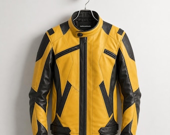 Yellow Black Leather Motorcycle Jacket Slim Fit Cowhide Biker Handmade Cafe Racer Streetwear Coat