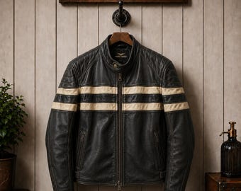 Racer Women’s Vintage Leather Jacket Classic Motorcycle Biker Style Dual Stripes
