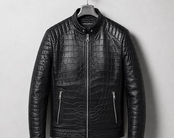 Mens Black Crocodile Leather Jacket Croc Embossed Alligator Biker Coat