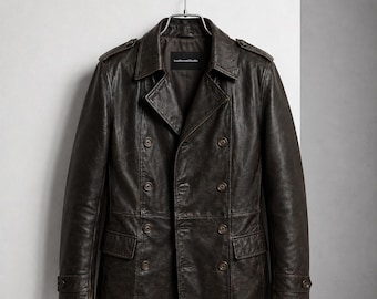 90s Brown Vintage Leather Blazer Men's Trench Coat Distressed Classic Jacket Gift for Him