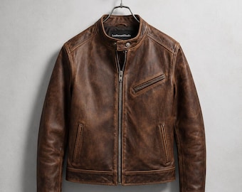 90s Brown Distressed Lambskin Leather Cafe Racer Jacket, Slim Fit Streetwear Biker Coat