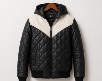Men’s Black Hooded Leather Puffer Jacket | Genuine Bomber Coat