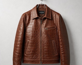 Men's Crocodile Leather Jacket, Brown Vintage Biker Cowhide Moto Coat