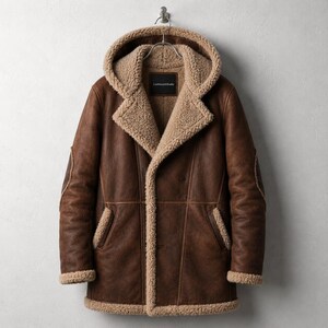 May include: A brown leather coat with a tan shearling lining and hood. The coat features a front button closure, two side pockets, and visible seam detailing along the sleeves and torso. A black label with the text LeatherUnitStudio is inside.