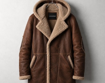 Mens Distressed Brown Leather Coat Hooded Winter Shearling Parka Jacket